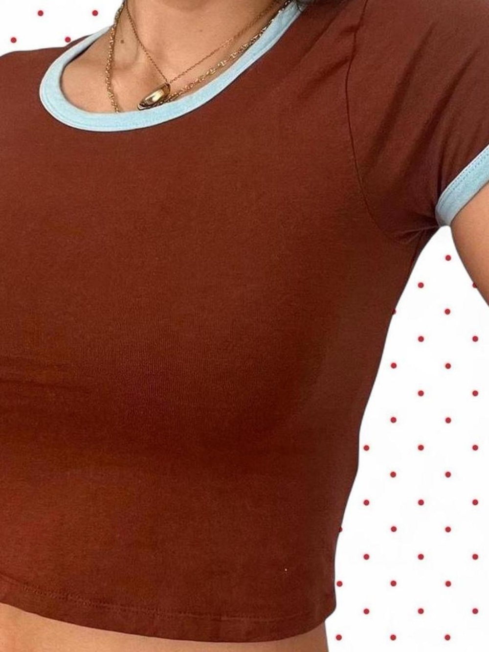 Brown Crop Ringer Tee with Light Blue Trim - Women
